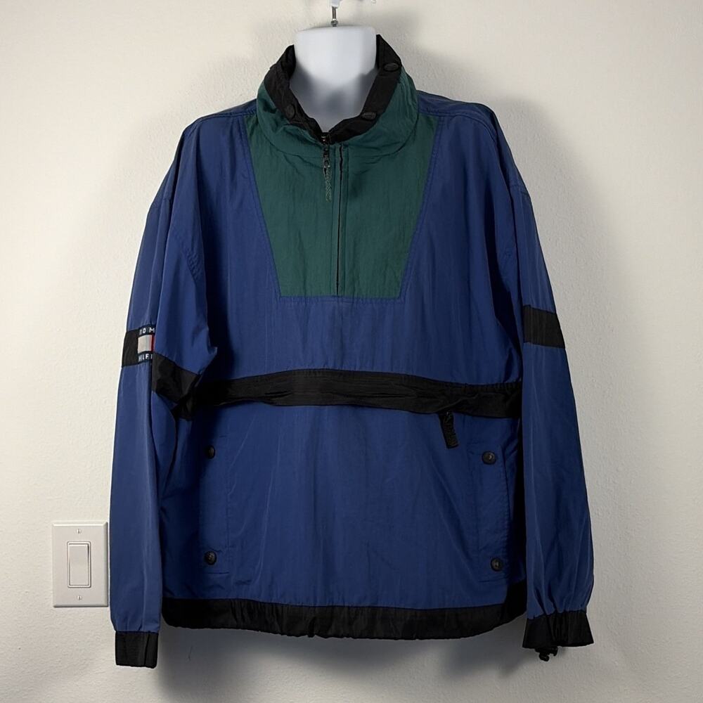 Vintage Tommy Hilfiger Men's XL Colorblock 1/4 Zip Windbreaker Jacket Pockets